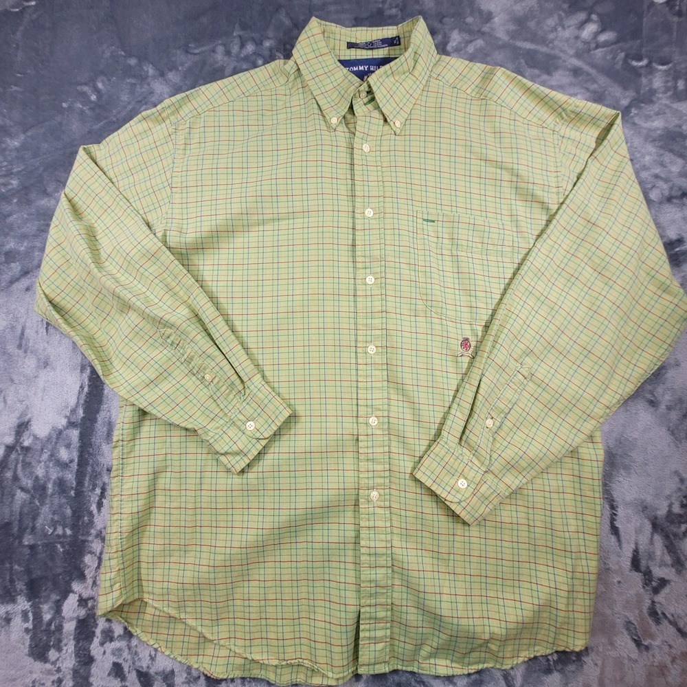 VTG Tommy Hilfiger Mens XL Green Plaid Button Down Shirt Lion Crest Logo Cotton‎